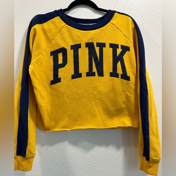 VS PINK Crew Sweatshirt In Yellow & Navy Blue Striped Cropped- Size XS - Picture 1 of 2